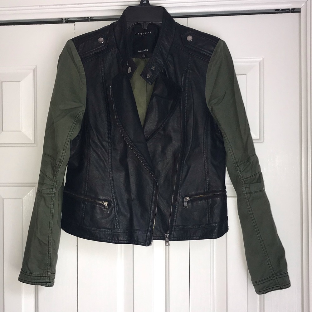 Lightly worn faux leather army green zipper jacket